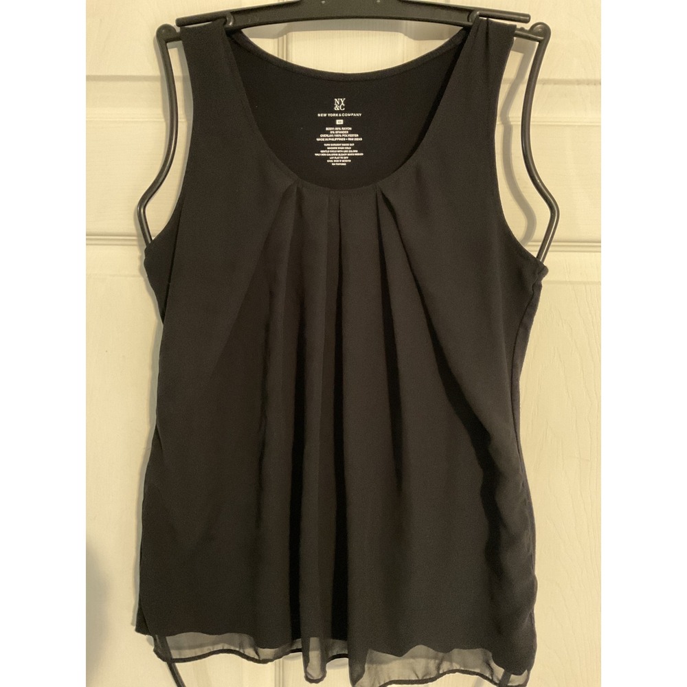 NY & COMPANY Black Pleated Chiffon Overlay Tank Top Womens XS